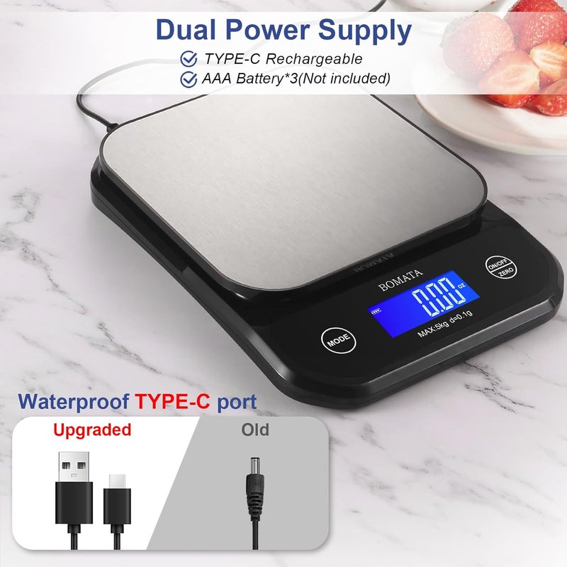 BOMATA Waterproof Kitchen Scale, 0.1g/0.01oz High Precision, 5kg/11lb, Washable, USB Rechargeable, Digital Scale for Food,Cooking, Baking, Weight Loss, Black&Grey - Image 4